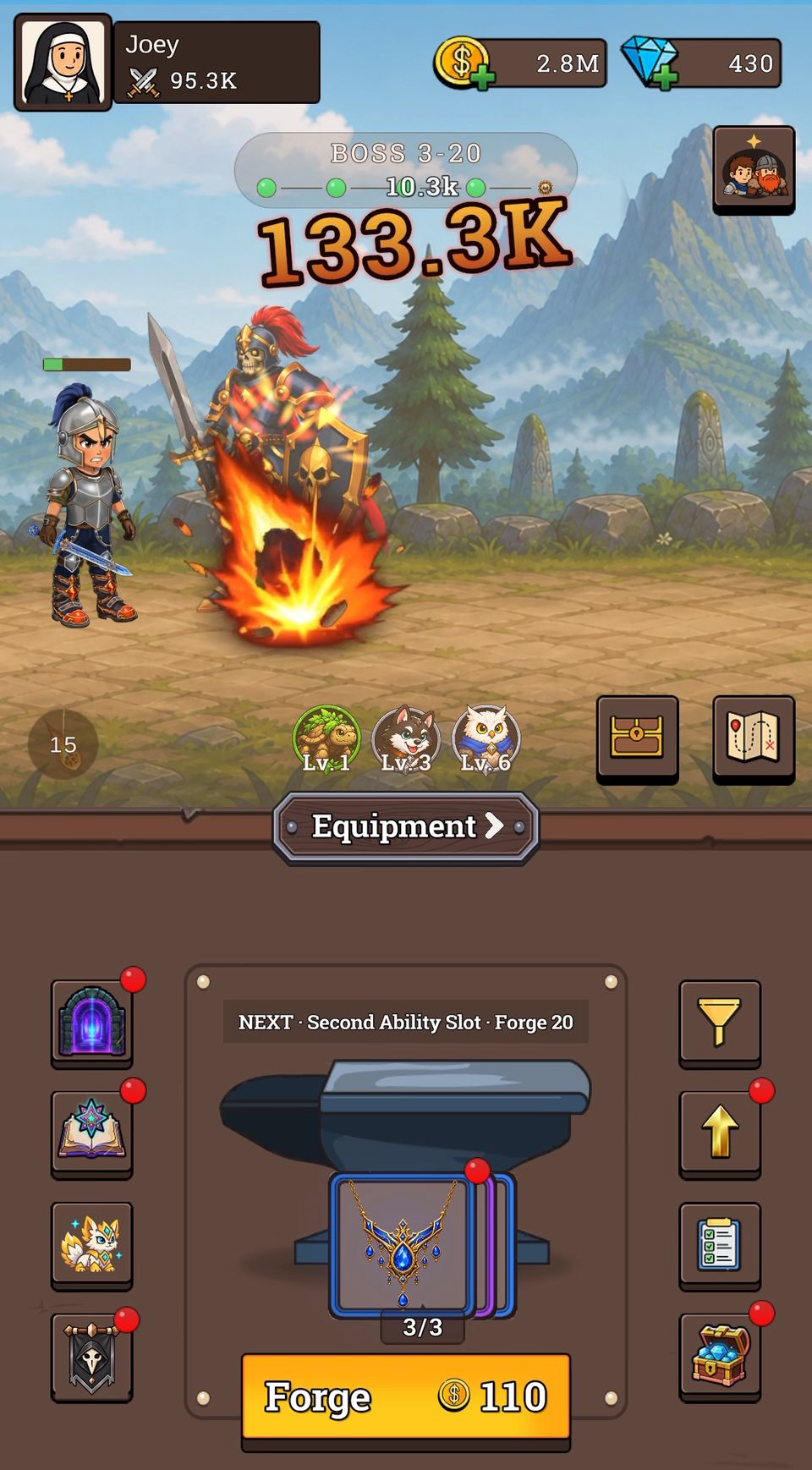 A critical hit explodes in fire on a skeleton boss at the end of World 3