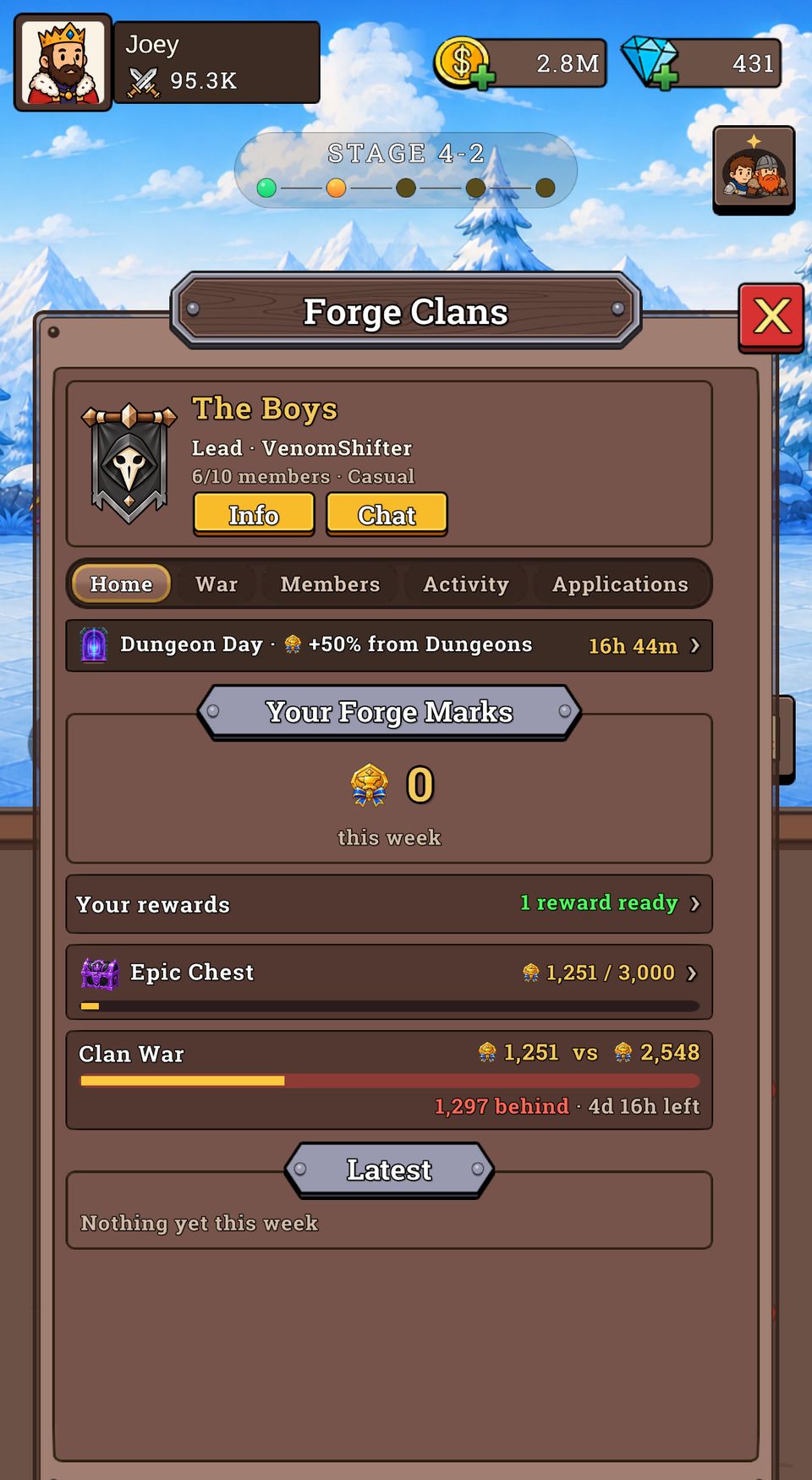 A clan's home tab showing the clan banner, today's featured activity, your Forge Marks, the Clan Chest progress and the running Clan War score