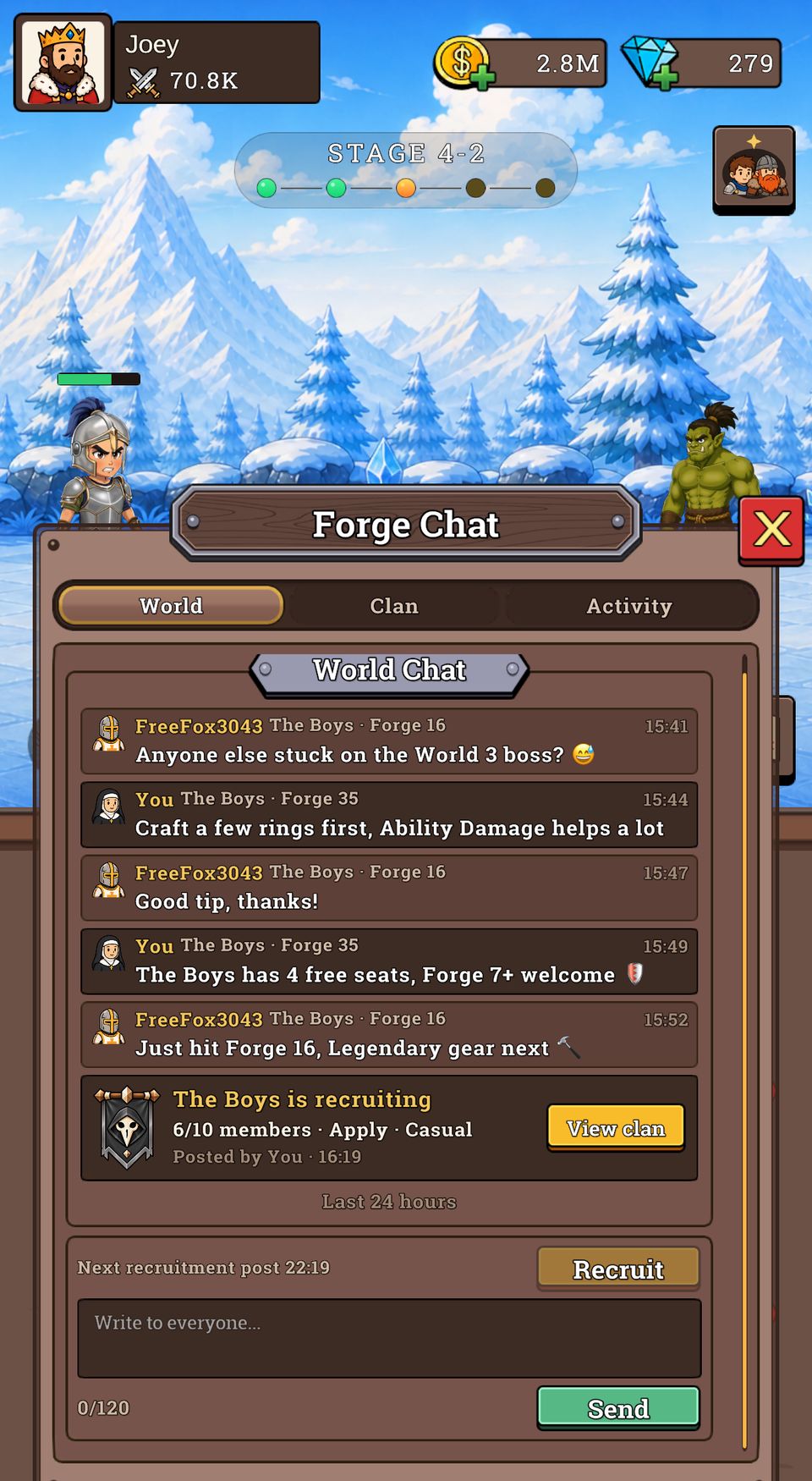 World Chat in Forge Chat: players trade boss tips, and a clan recruitment card shows a clan with 6 of 10 members and a View clan button