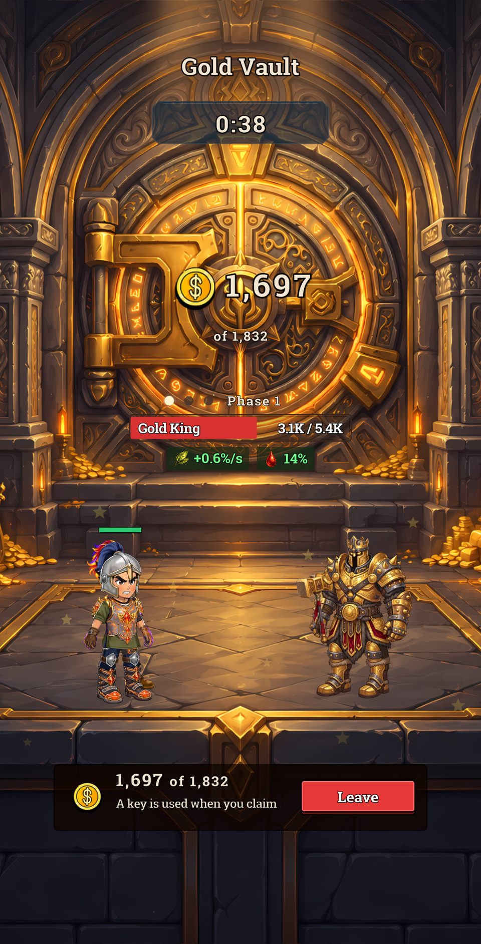 The Gold Vault: the hero faces the Gold King in front of the vault door, with 38 seconds left, the boss health bar in phase 1 and 1,697 of 1,832 gold collected