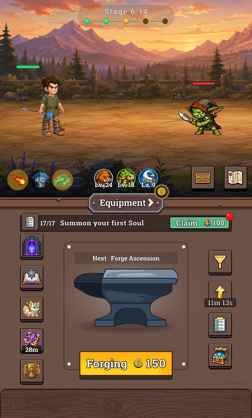 The main screen with the Journey ribbon above the anvil: mission 17 of 17, Summon your first Soul, with a Claim button