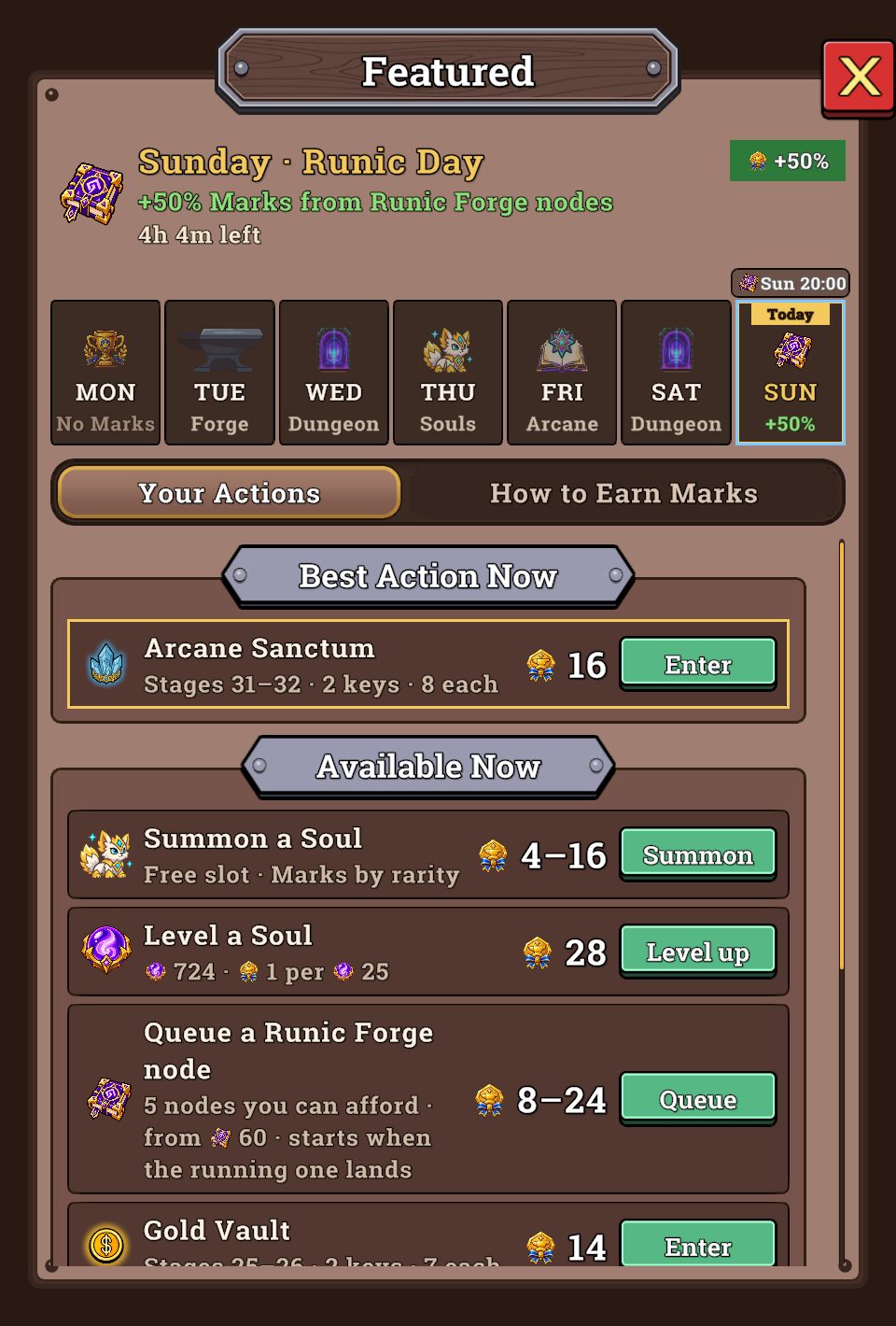 Clan Featured on Sunday, Runic Day: plus 50% Marks from Runic Forge nodes, the week calendar from Monday to Sunday, and Your Actions led by the best action now