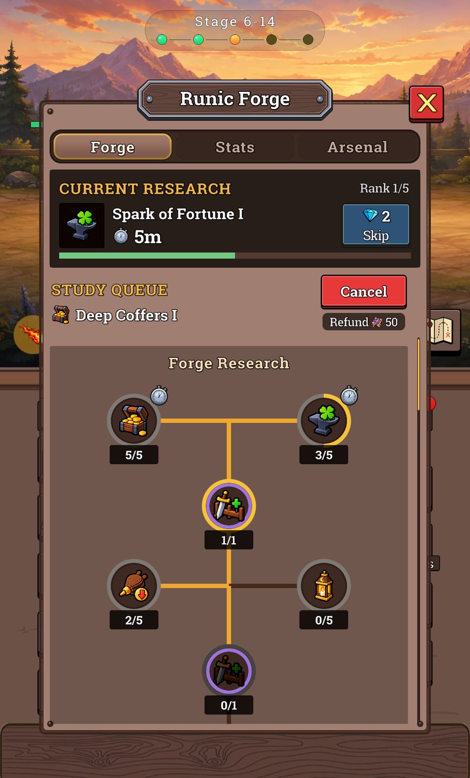 The Runic Forge, Forge tab: Spark of Fortune I researching with 5 minutes left, Deep Coffers I waiting in the Study Queue, and the Forge Research tree with its ranks