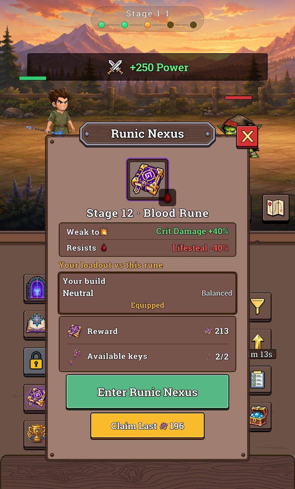 The Runic Nexus entry window for Stage 12, Blood Rune: weak to Crit Damage, resists Lifesteal, the equipped build compared with the rune, a reward of 213 Runic Tomes, 2 of 2 keys, and the Enter and Claim Last buttons