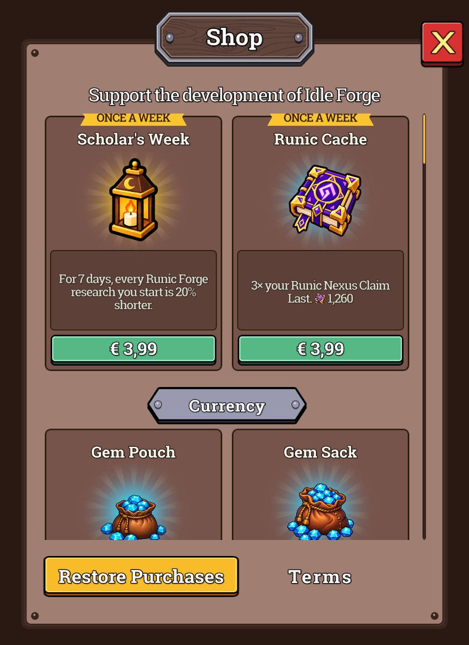 The shop's Weekly section: Scholar's Week, every Runic Forge research started in the next 7 days is 20% shorter, and the Runic Cache, three times your Runic Nexus Claim Last, each marked Once a week